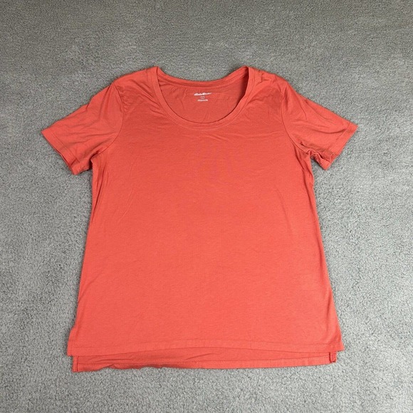 Eddie Bauer T Shirt Women Size Large Orange Scoop Neck Short Sleeve‎ Side Slits - Picture 1 of 12